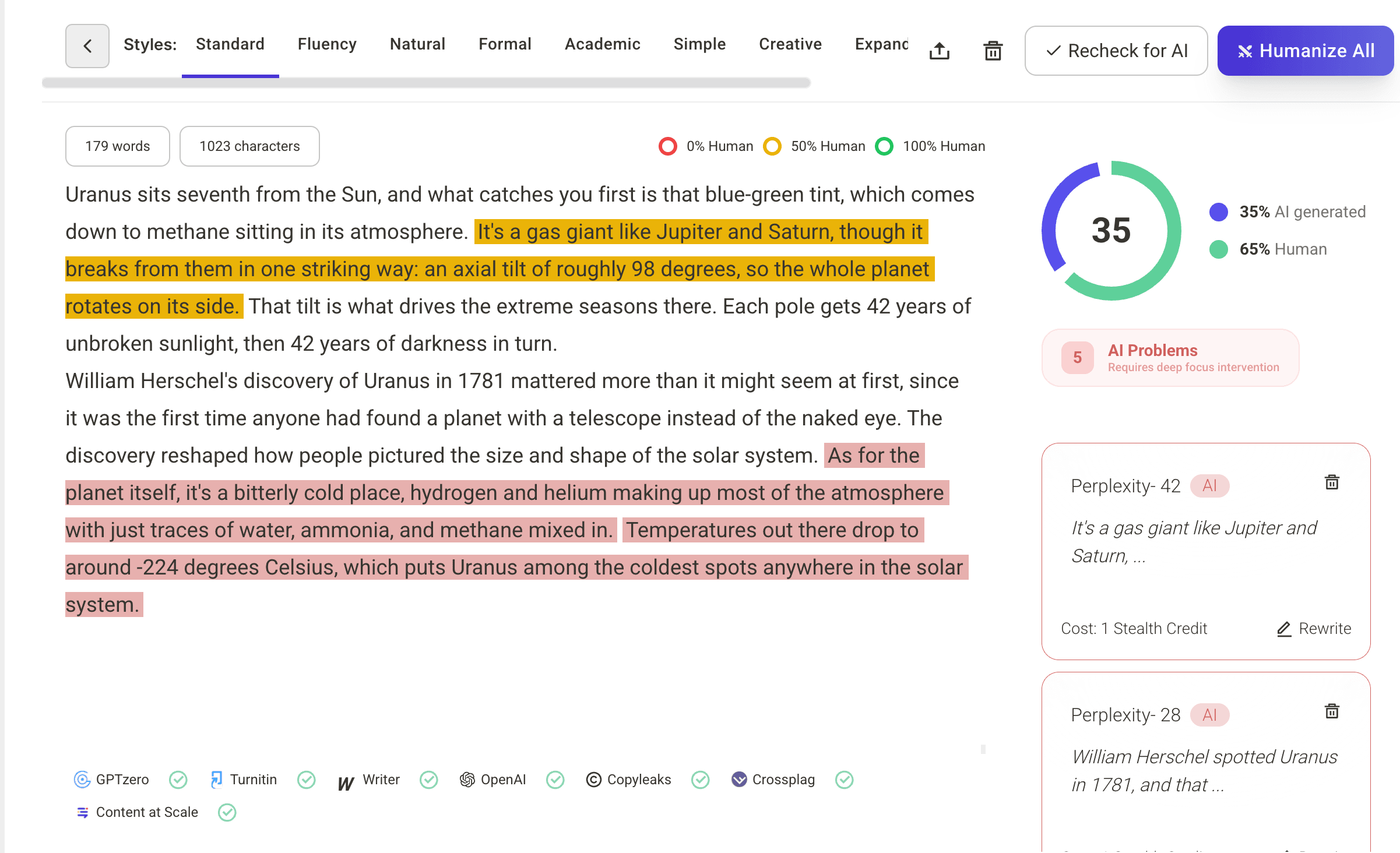 The Conch editor scoring a draft at 35 percent AI generated, with flagged sentences and suggested rewrites alongside it