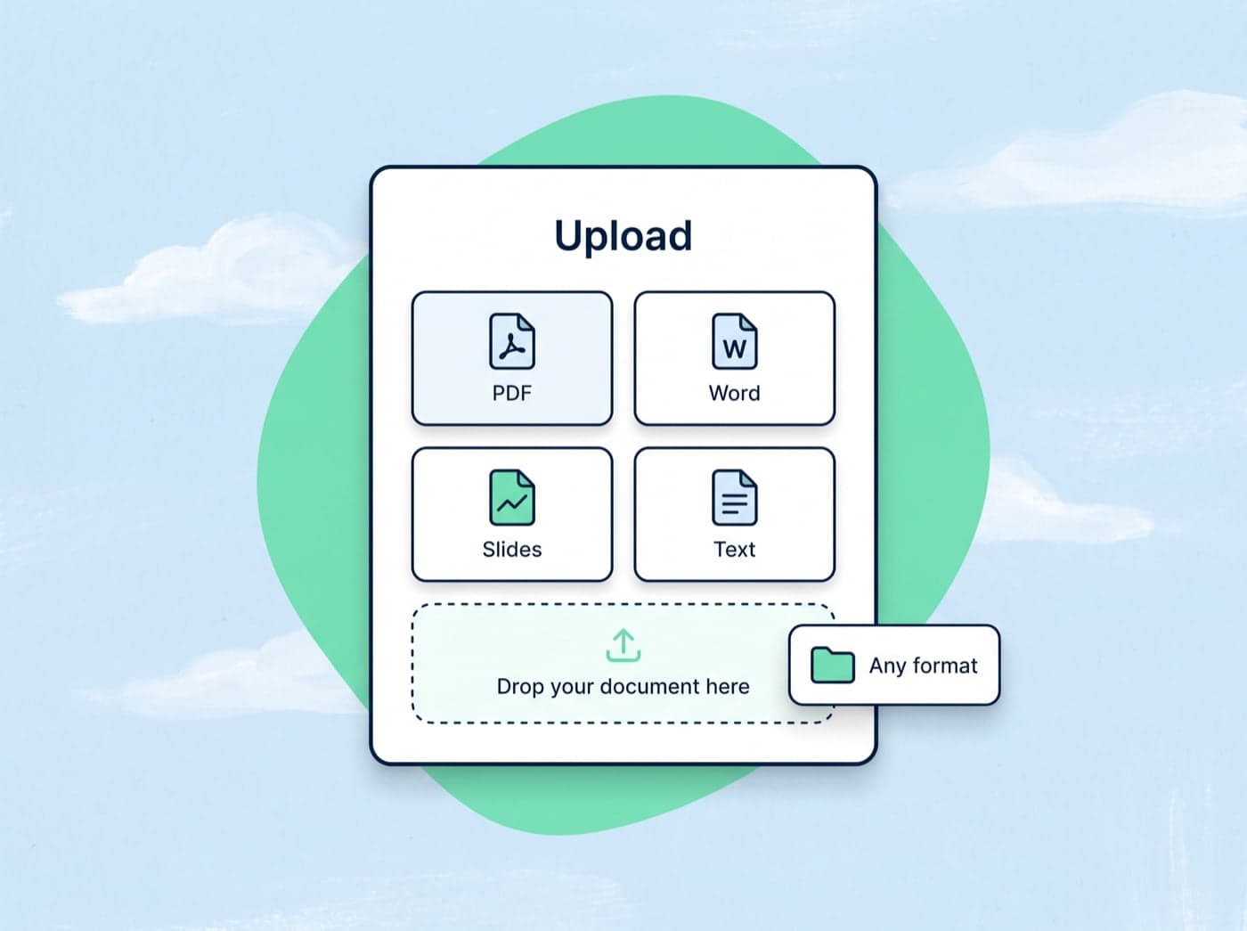 An upload panel with PDF, Word, Slides and Text tiles above a drop zone