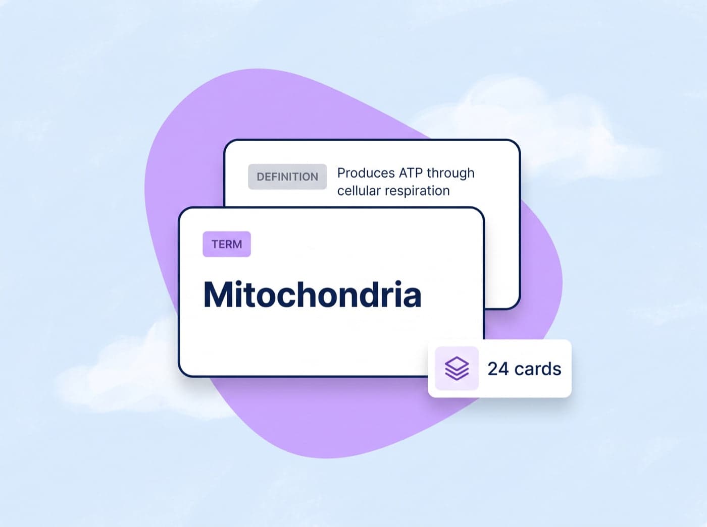 Two flashcards from a 24-card deck: a term card reading Mitochondria with its definition card behind it