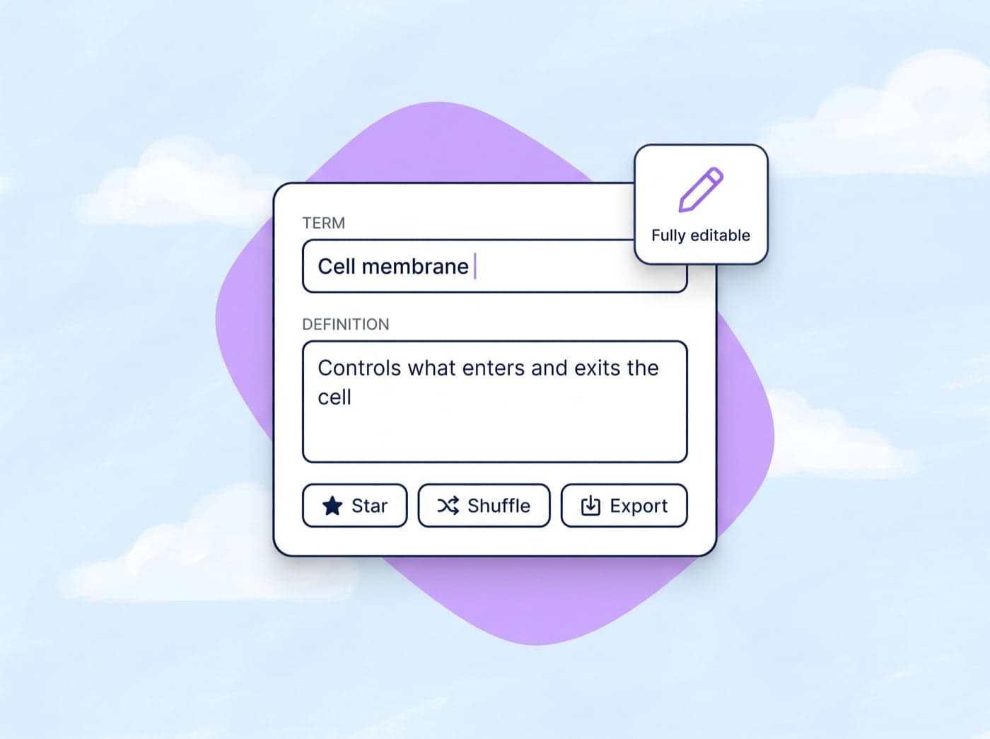 A Cell membrane flashcard open in edit mode with Star, Shuffle and Export buttons