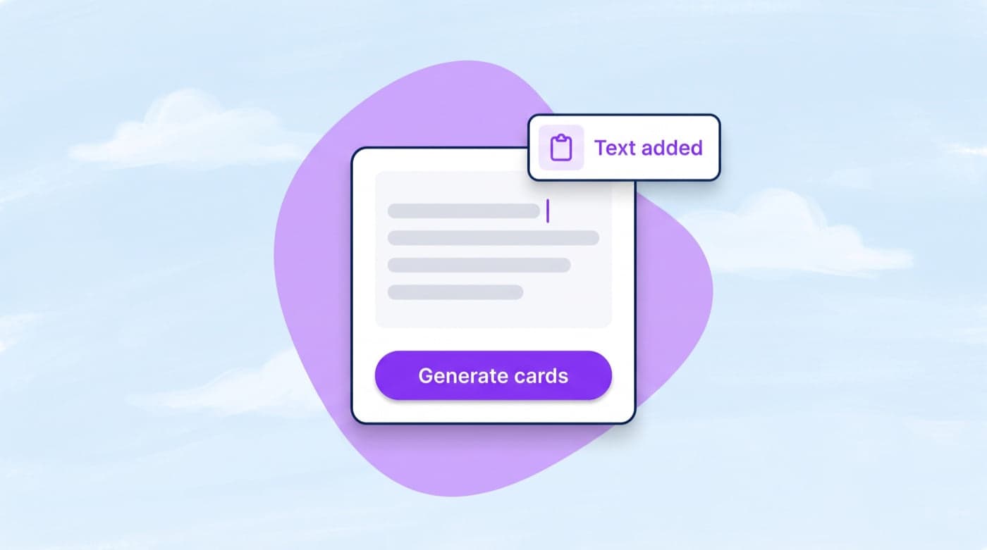 A text area with pasted study notes and a Generate cards button