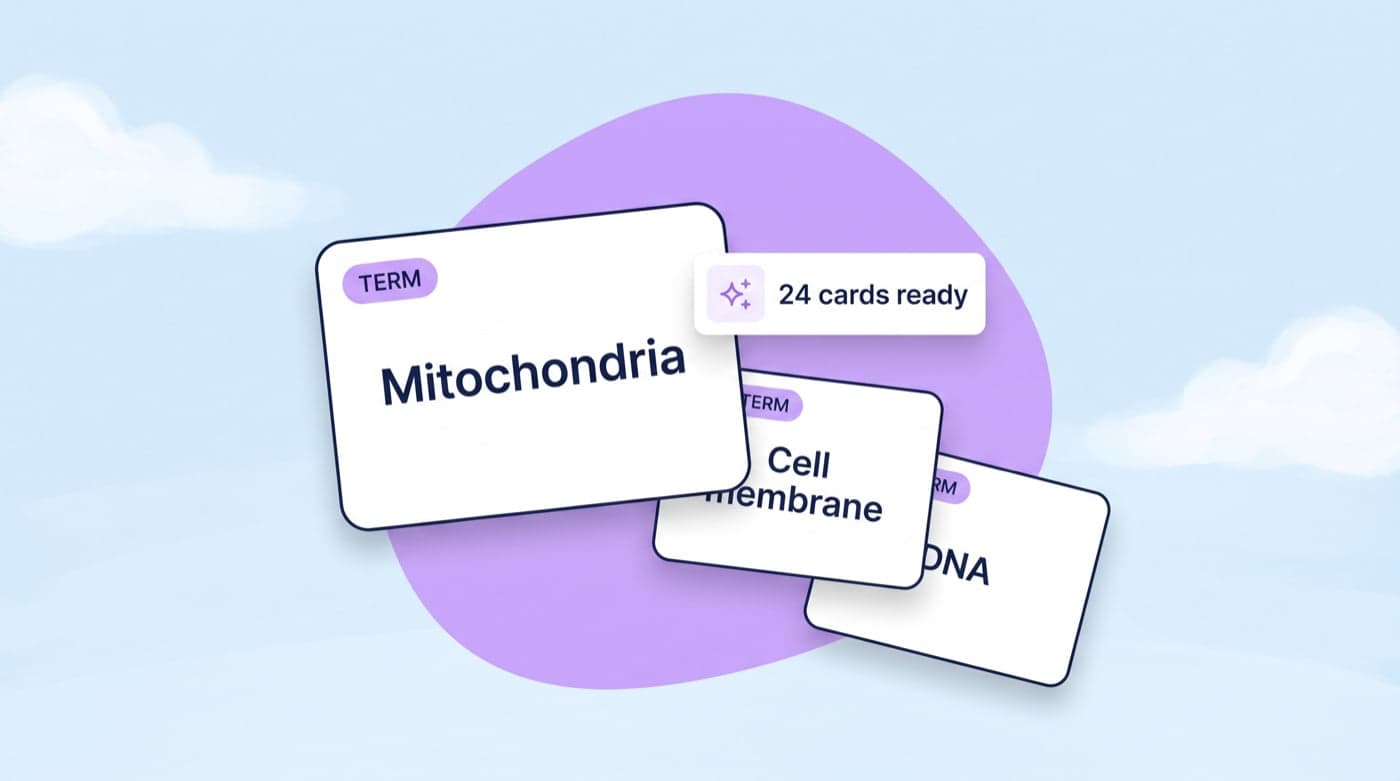 Three fanned flashcards for Mitochondria, Cell membrane and DNA with 24 cards ready