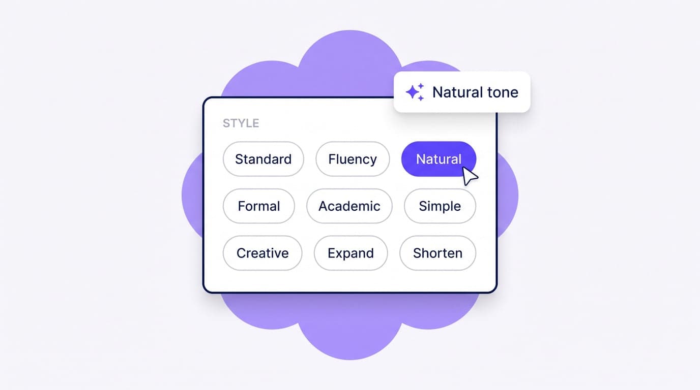 A style picker showing nine writing styles with Natural selected