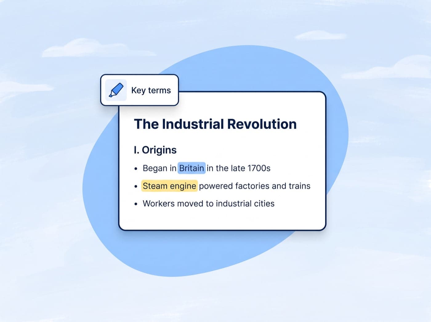 Generated notes on The Industrial Revolution with Origins bullets, Britain and Steam engine highlighted, and a key terms list