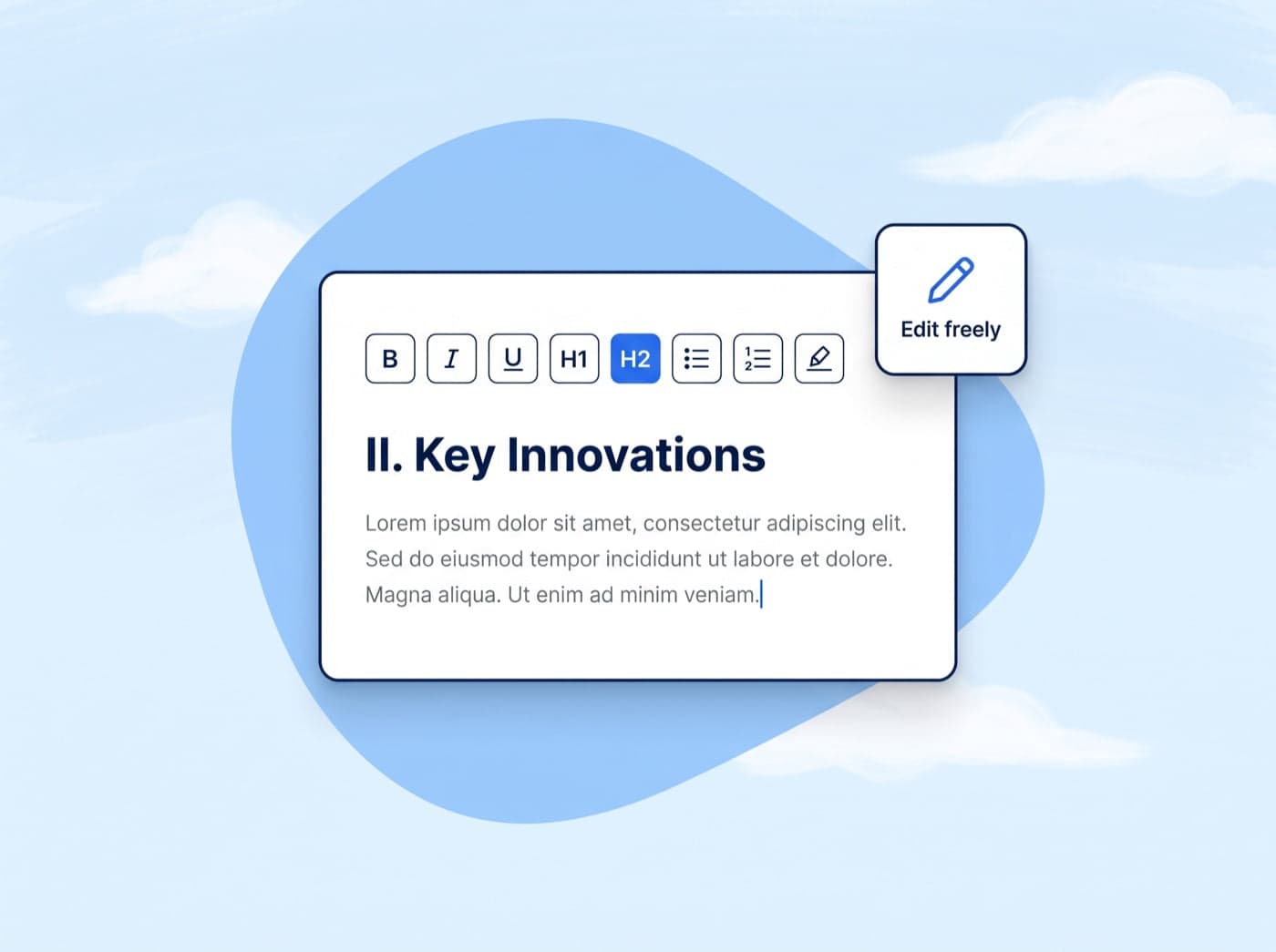 A rich text toolbar with bold, italic, underline, heading, list and highlighter controls above a Key Innovations heading