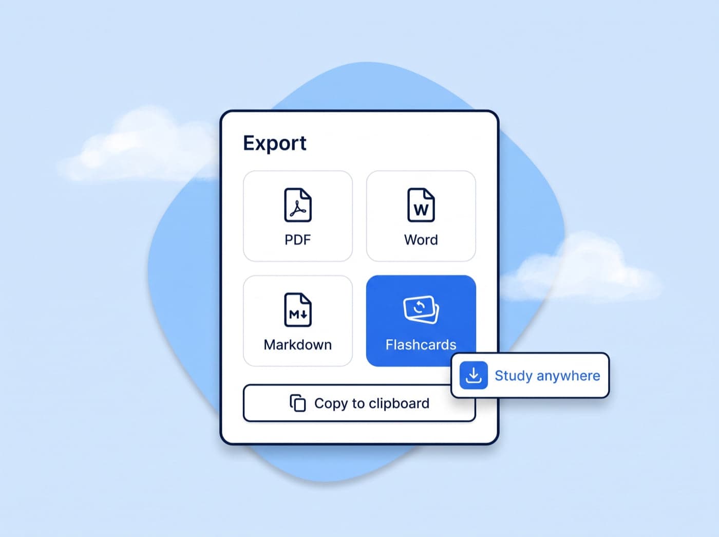An export panel with PDF, Word, Markdown and Flashcards tiles and a Copy to clipboard action