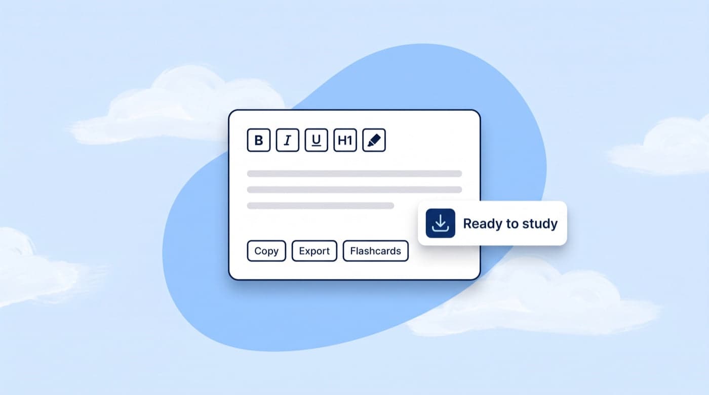 An editor toolbar with Copy, Export and Flashcards buttons and a Ready to study label