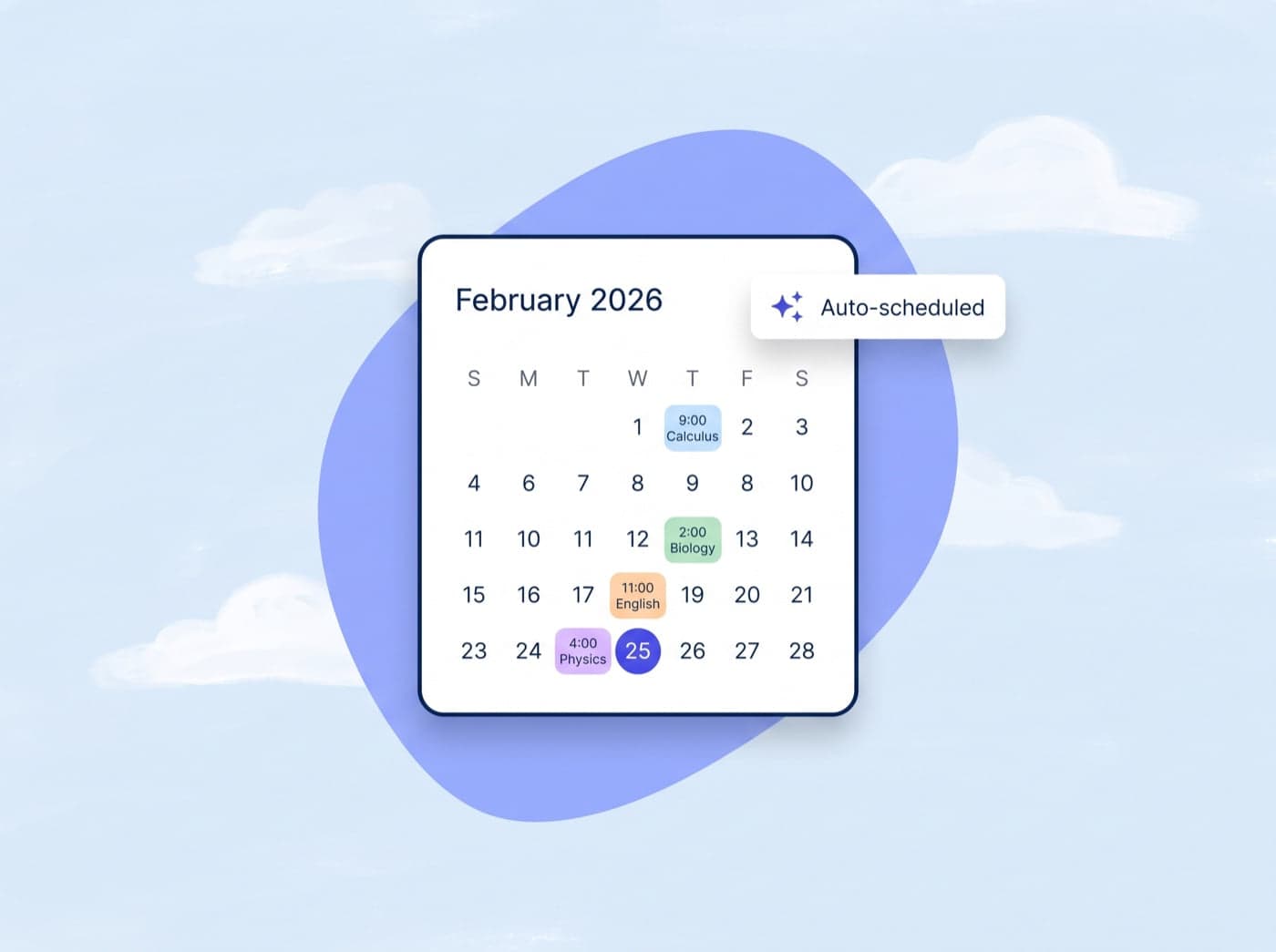 A February 2026 calendar with color-coded study sessions, today circled, and an Auto-scheduled badge
