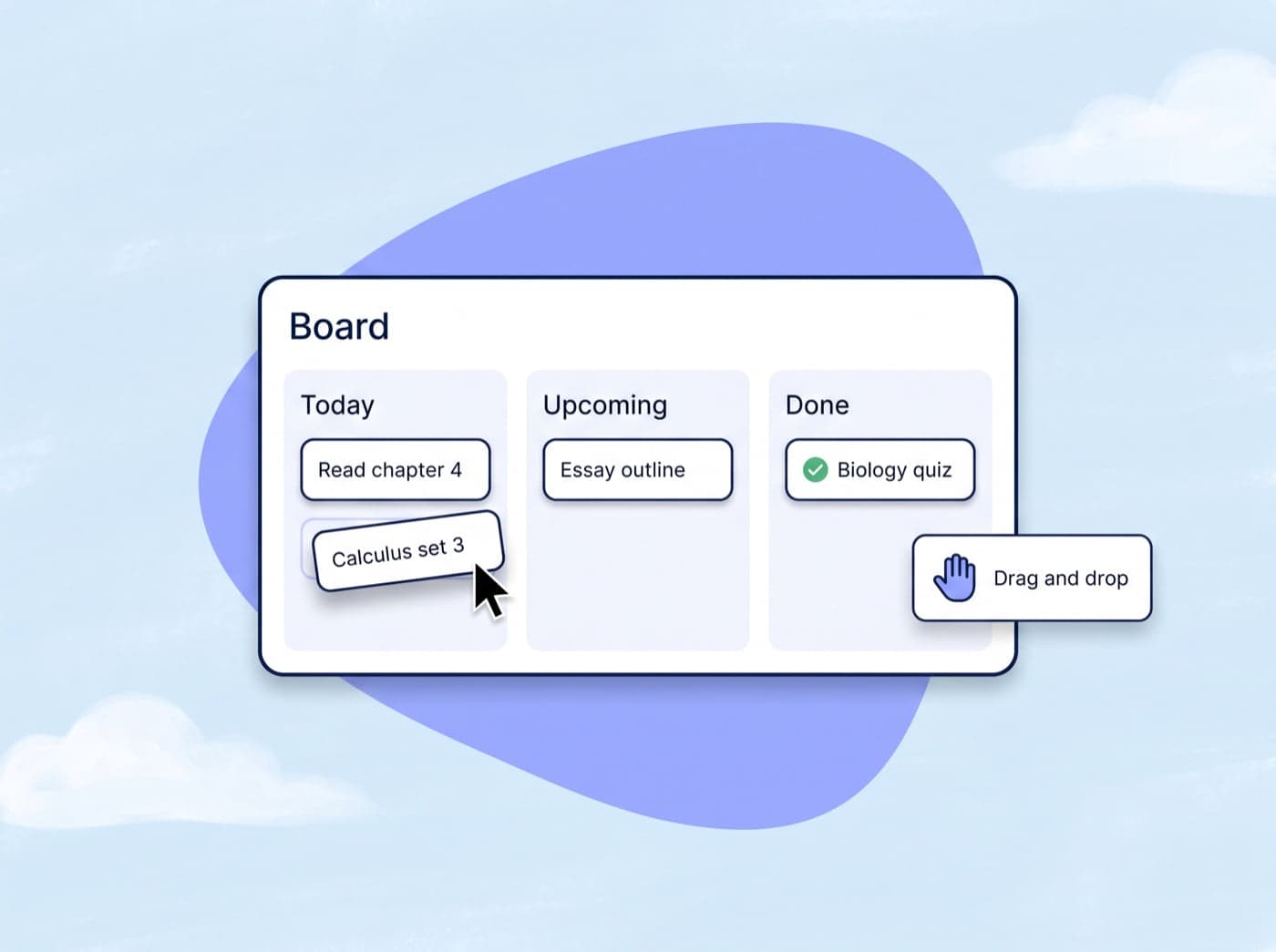 A kanban board with Today, Upcoming, and Done columns and a task card being dragged between them