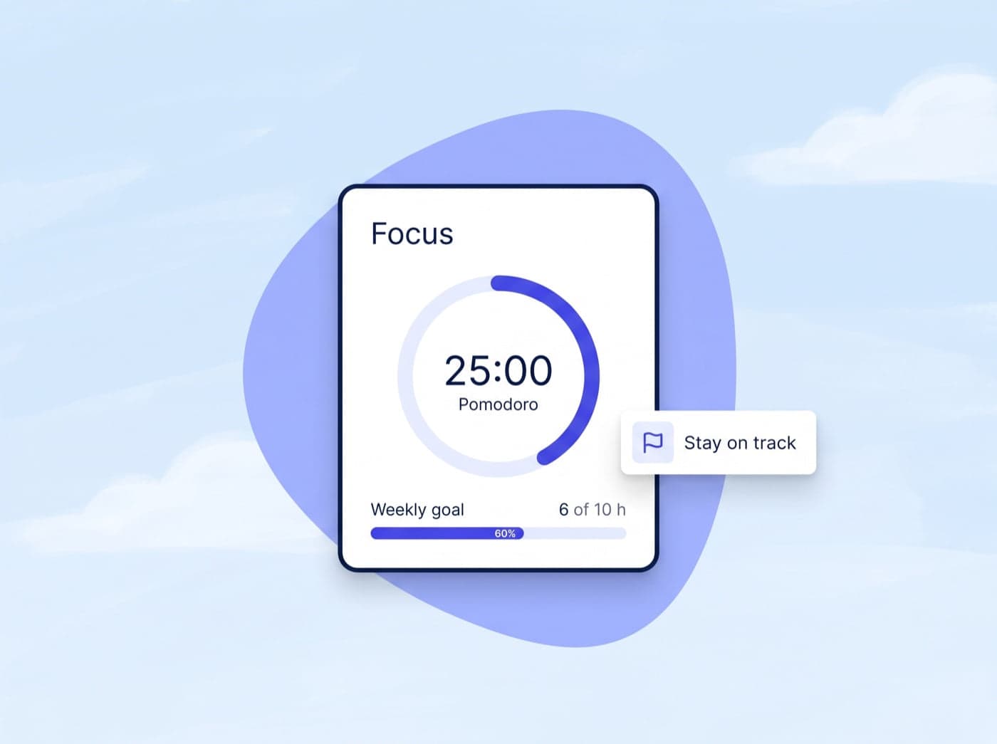 A focus panel with a 25 minute Pomodoro ring timer and a weekly goal of 6 of 10 hours