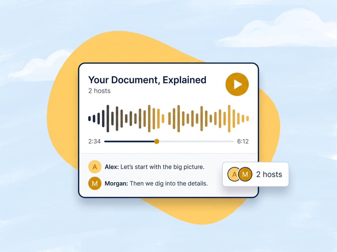 A podcast player titled Your Document, Explained with hosts Alex and Morgan trading lines