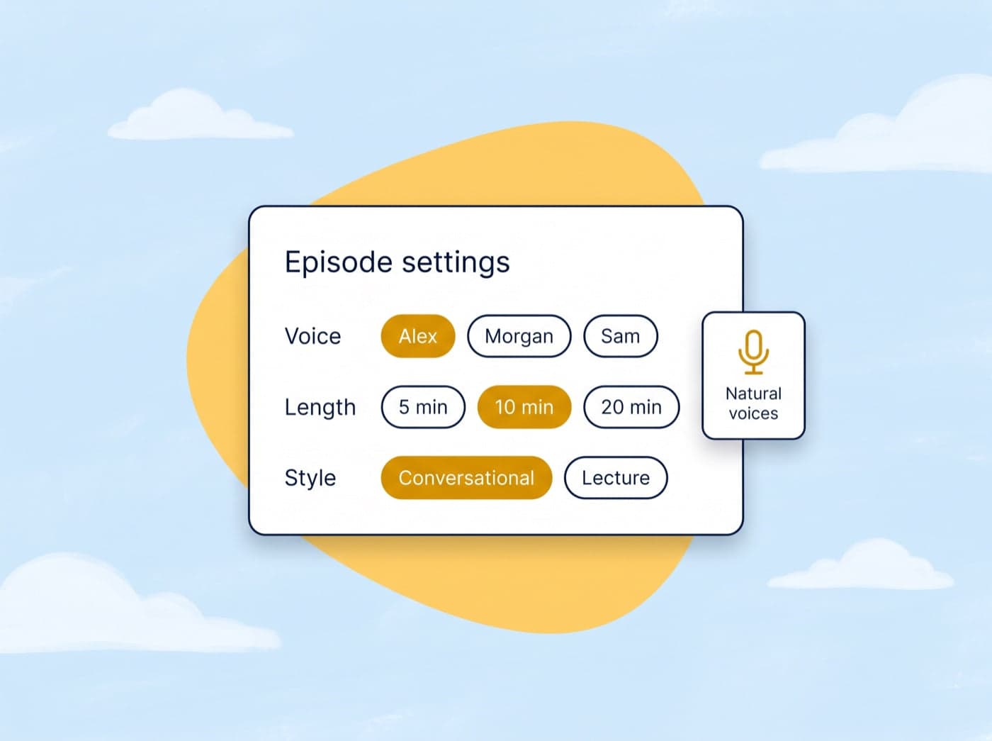 An episode settings panel with voice, length and style options and a Natural voices badge