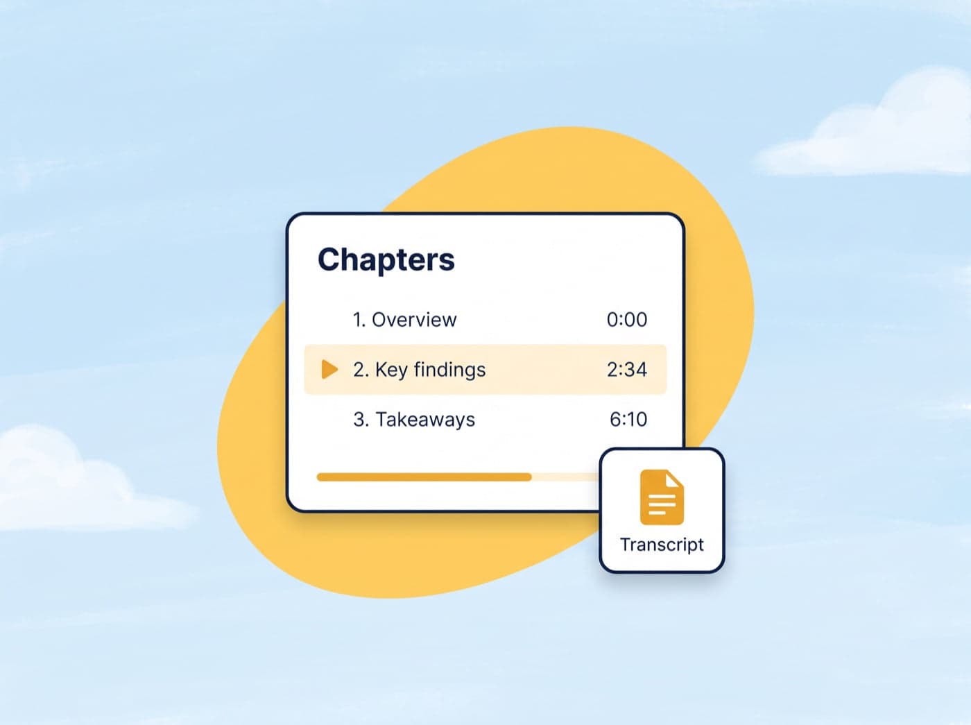 A chapter list with Overview, Key findings and Takeaways timestamps next to a Transcript tab