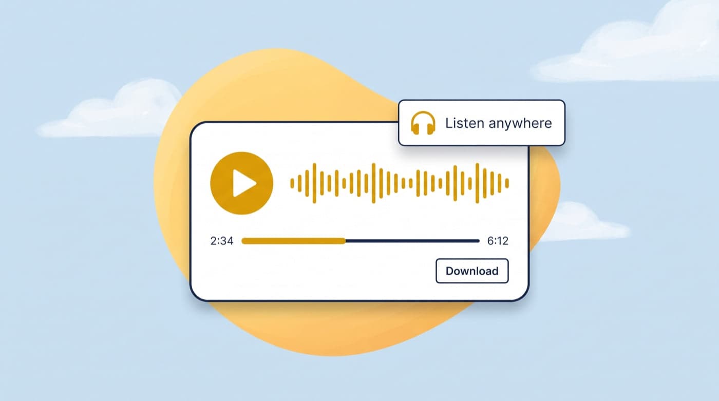An audio player with a play button, waveform, 2:34 of 6:12 elapsed, and a Download button