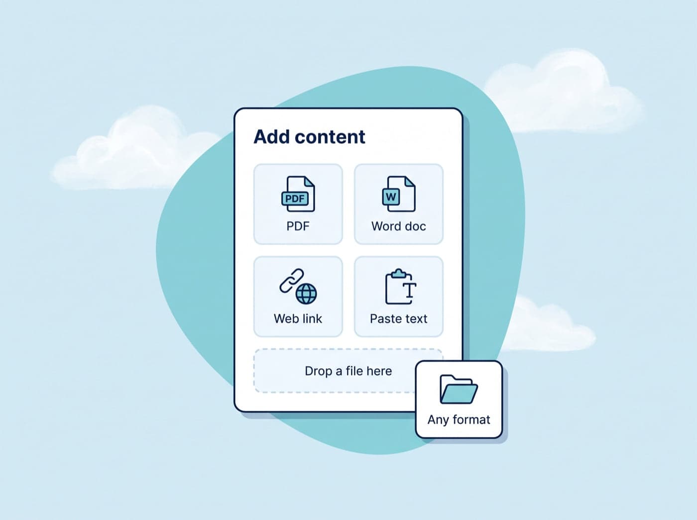 An Add content panel with PDF, Word doc, Web link and Paste text tiles