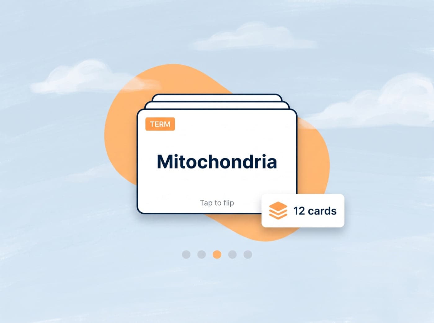 A fanned stack of flashcards with Mitochondria on the front card and a 12 cards count